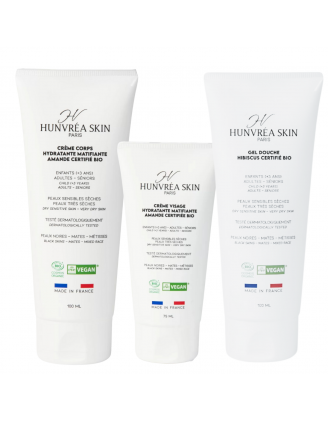 Lot Hunvrea Skin – Crème Corps 100ml, Crème Visage 75ml, Gel Douche 100ml